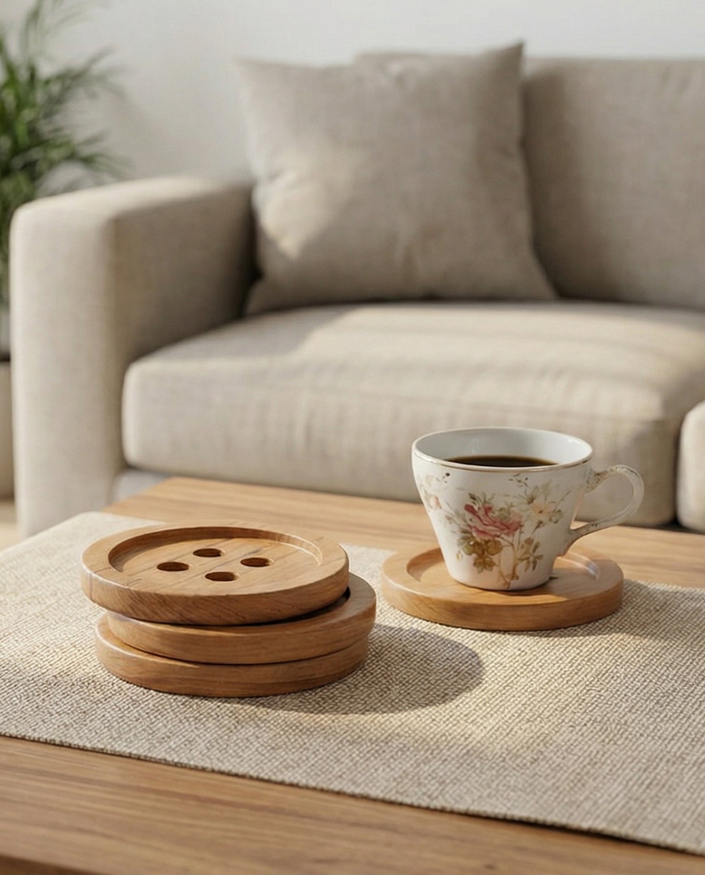 Solid Teak Button Coaster Set – Set of 4