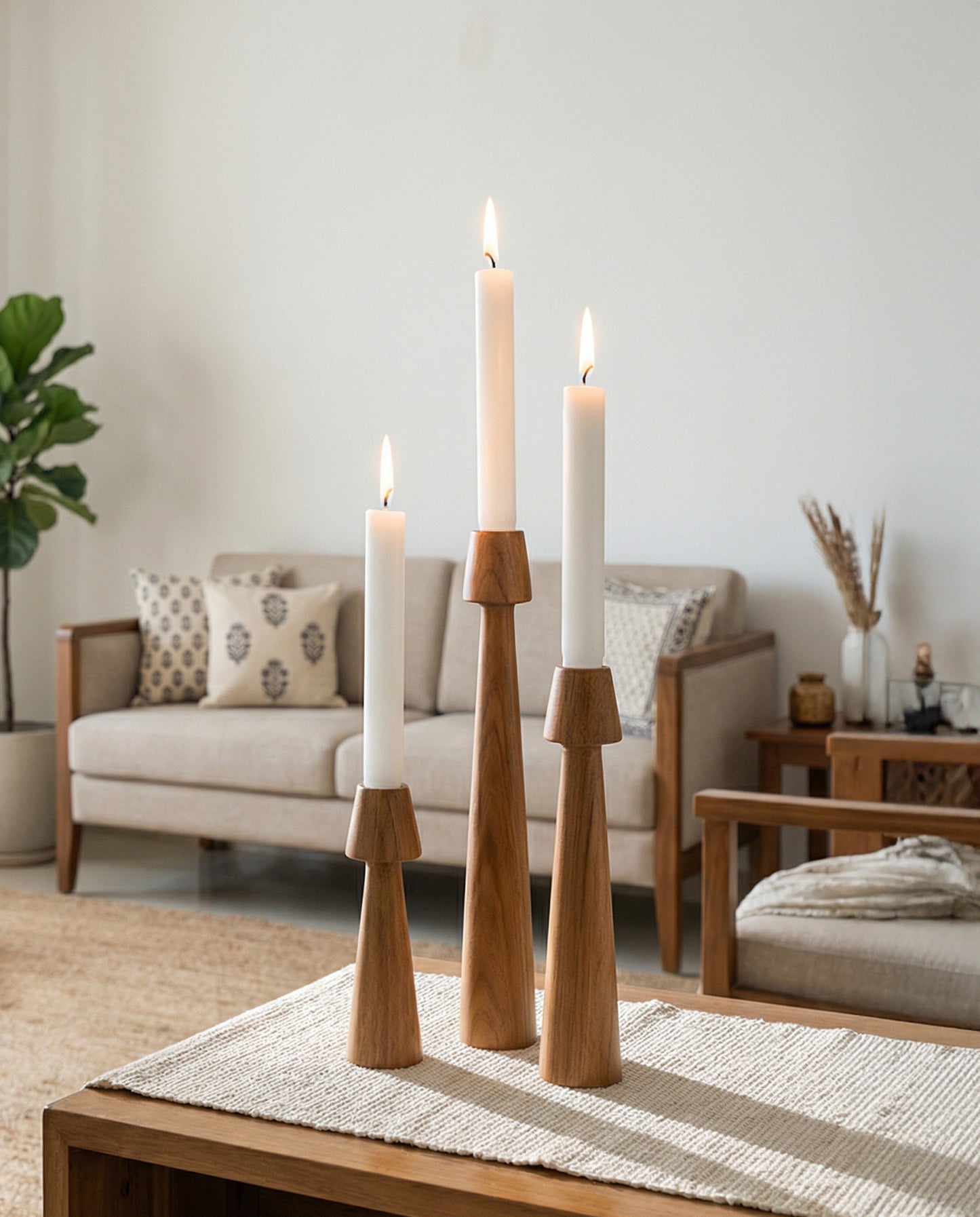 Solid Teak Wood Candle Stand (Set of 3)