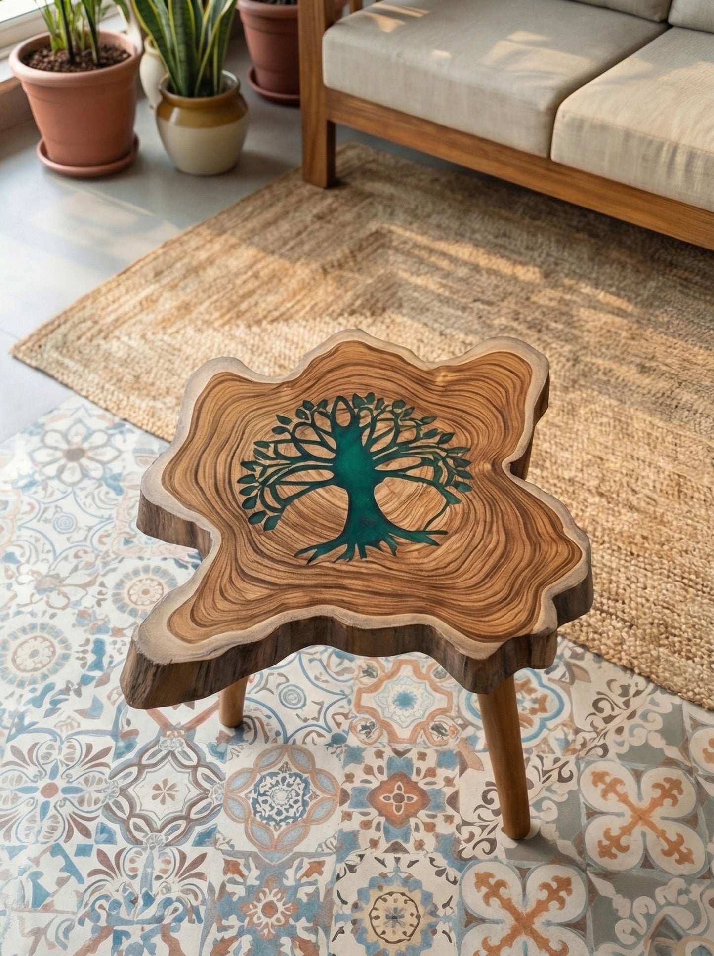 Solid Teak Wood Tree Inlay Table