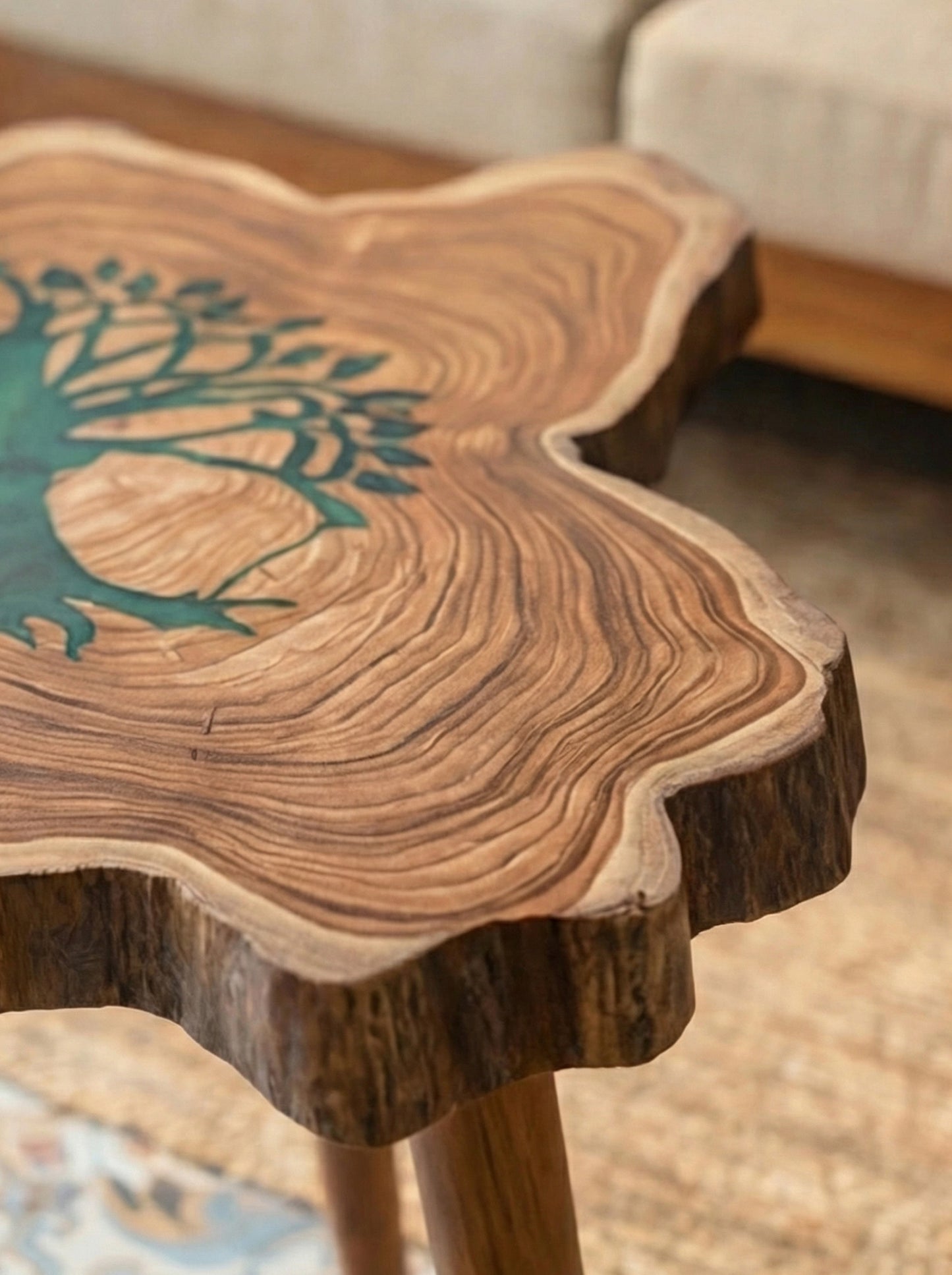 Solid Teak Wood Tree Inlay Table