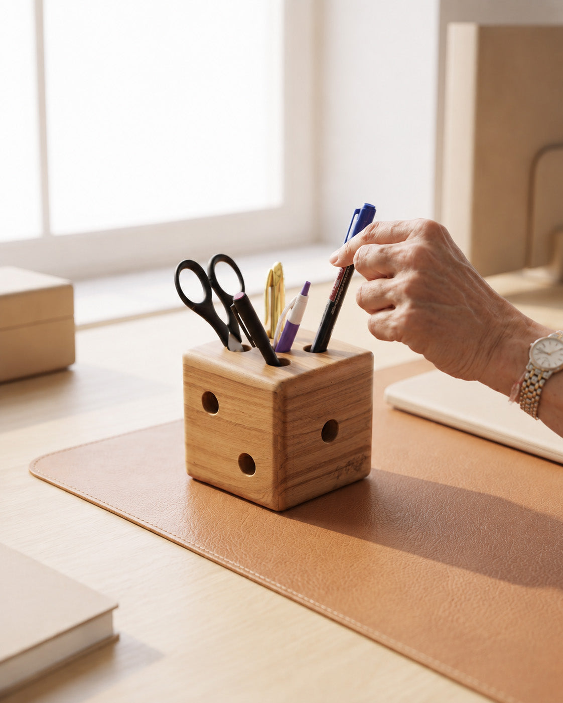Solid Teak Wood Dice Pen Stand