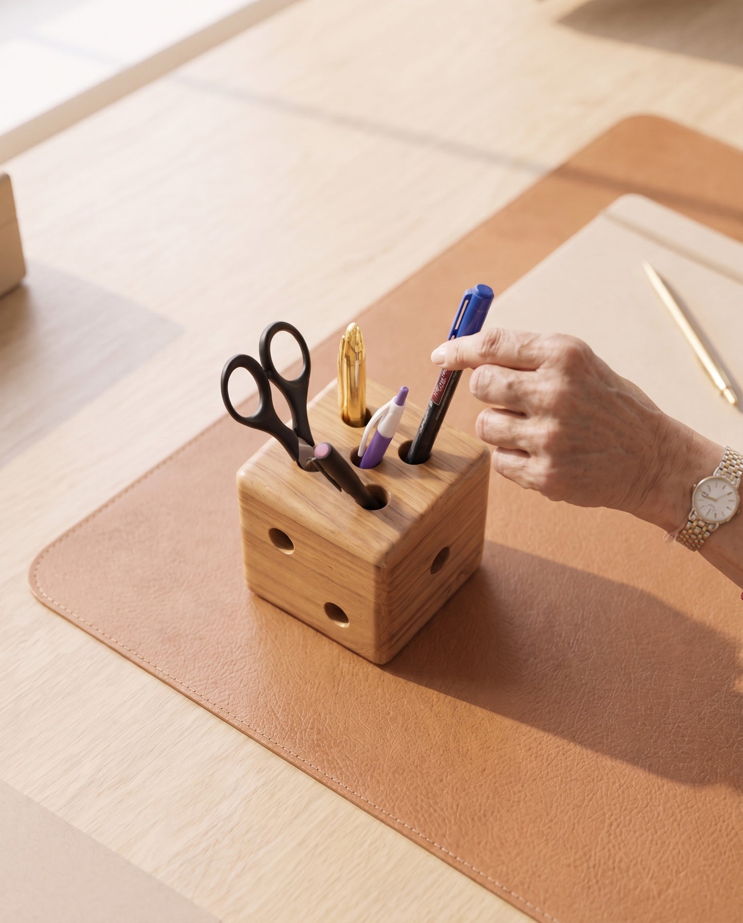 Solid Teak Wood Dice Pen Stand