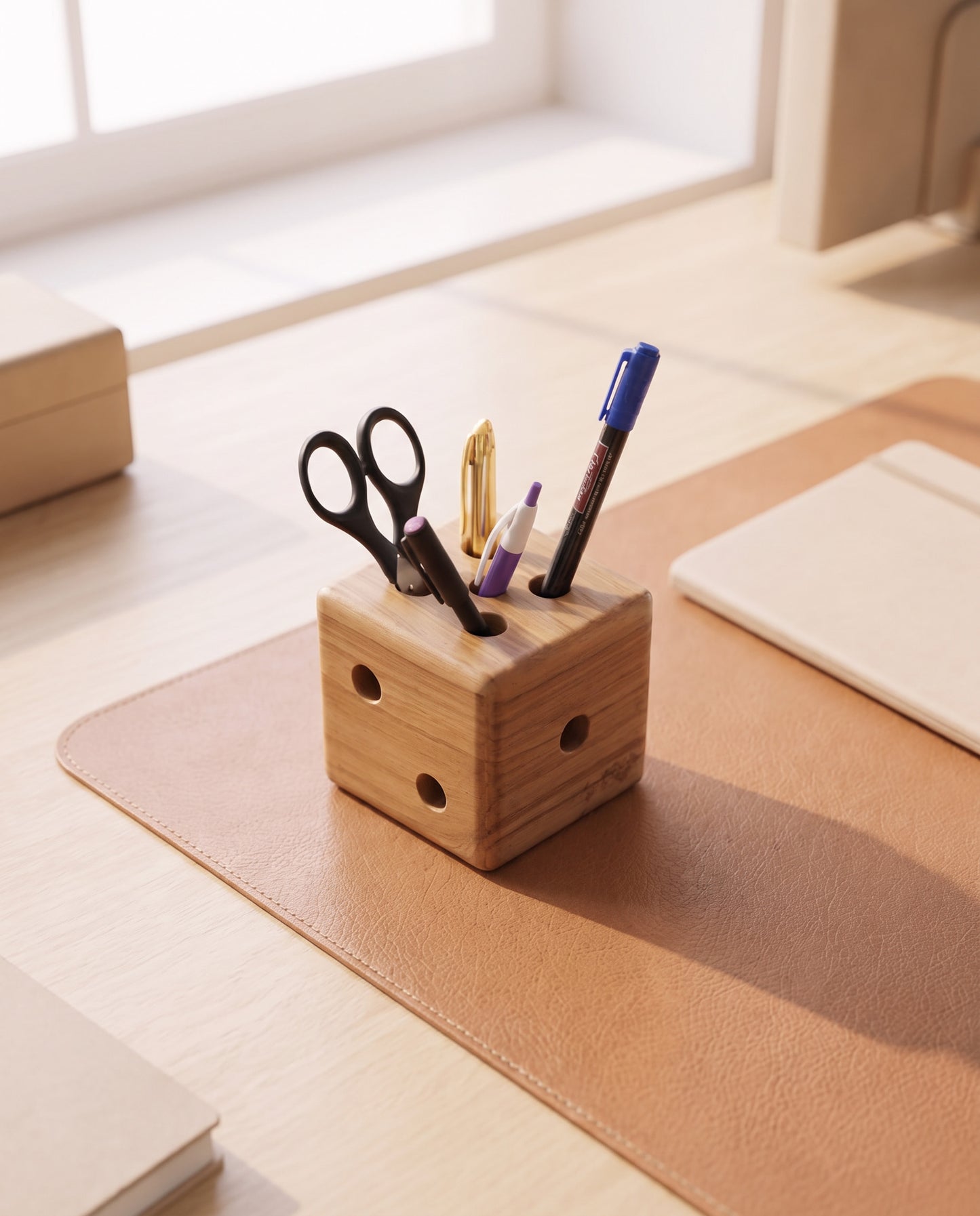 Solid Teak Wood Dice Pen Stand