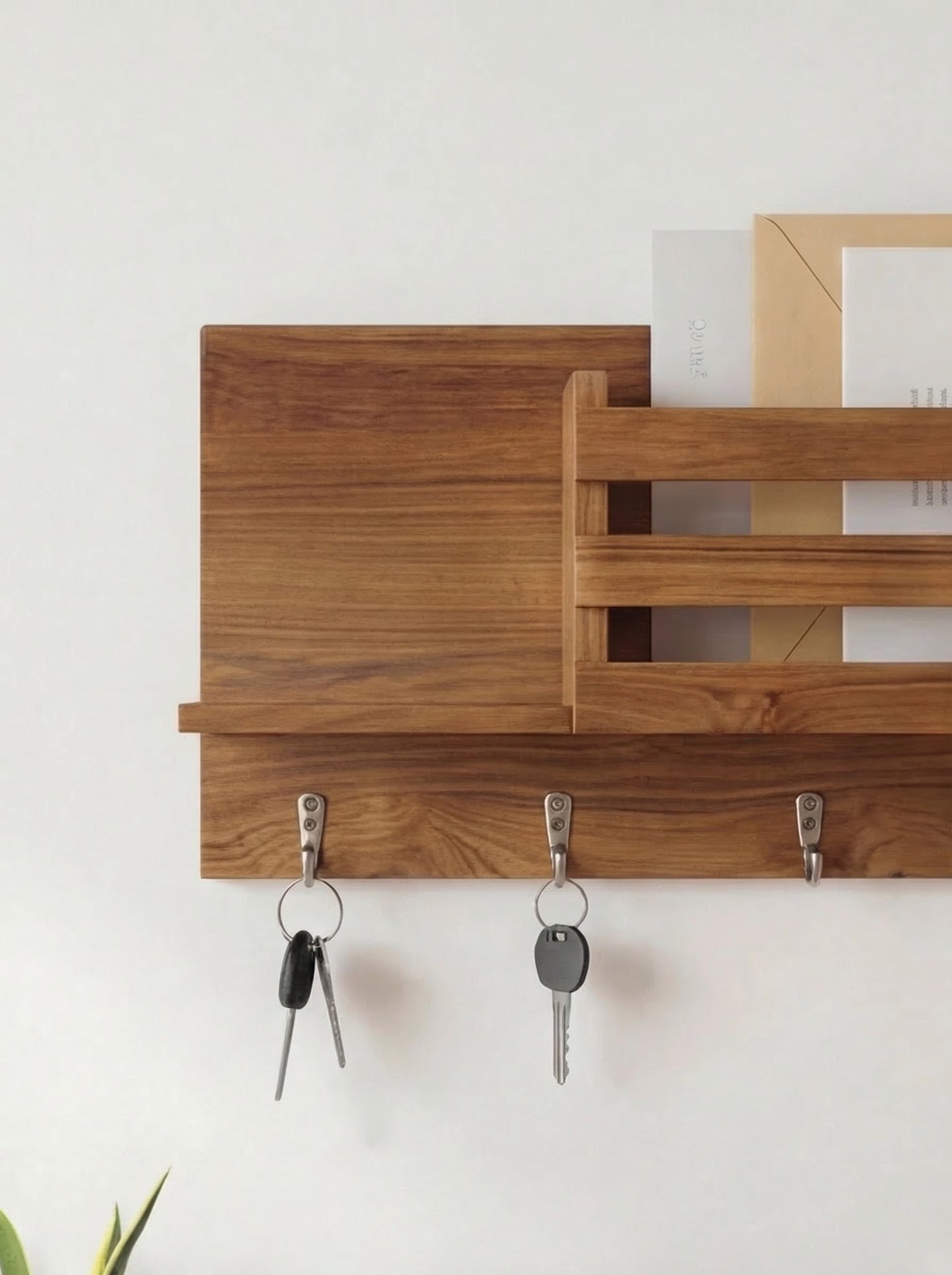 Dual Utility Teak Key & Mail Rack