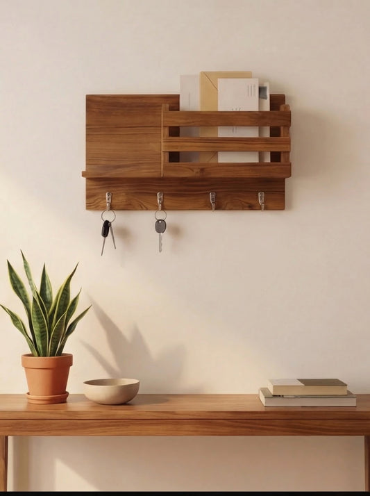 Dual Utility Teak Key & Mail Rack